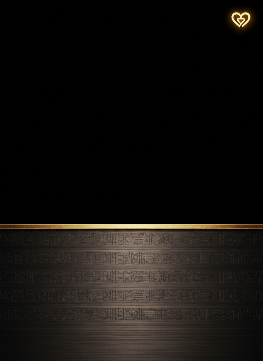 A detailed footer background resembling the edge of an ancient timeline carved into metal. The lower third of the frame features a wide horizontal plate of dark, brushed bronze, bordered at the top by a precise antique-gold line. Across the bronze surface, extremely subtle watermarked bands of hieroglyphs, runic marks, and symbolic scripts form a continuous, almost spectral frieze. The upper two-thirds fade into a soft black, allowing overlaid text in a real layout. Gentle, low-angle lighting from the right creates gleaming highlights on the metallic grain and casts faint shadows into engraved grooves. In the upper-right corner of the whole canvas, detached from the plate, a small, glowing Sankofa Heart in warm gold appears like a guiding emblem. The mood is contemplative, archival, and technologically refined.