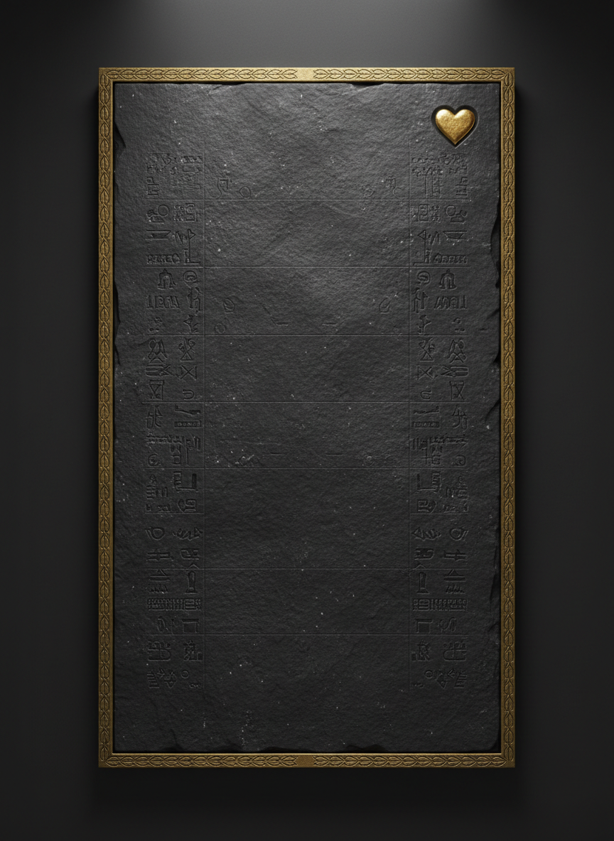 A sophisticated navigation panel texture mimicking an ancient tablet inset into a modern interface. The central subject is a rectangular slab of dark basalt stone, framed by a thin, precise antique-gold border with micro-engraved patterns. The stone face is etched with extremely faint, semi-transparent bands of hieroglyphs, proto-writing, and symbolic scripts, forming a quiet grid that implies categorized data. Lighting comes from a soft top-down glow, catching subtle chiseling and mineral specks while leaving the edges in gentle shadow. The camera is positioned directly overhead for a clean, architectural composition. In the upper-right corner of the slab, a small Sankofa Heart is carved in low relief and filled with burnished gold, conveying a calm, authoritative, and timeless mood suitable for menu or sidebar elements.