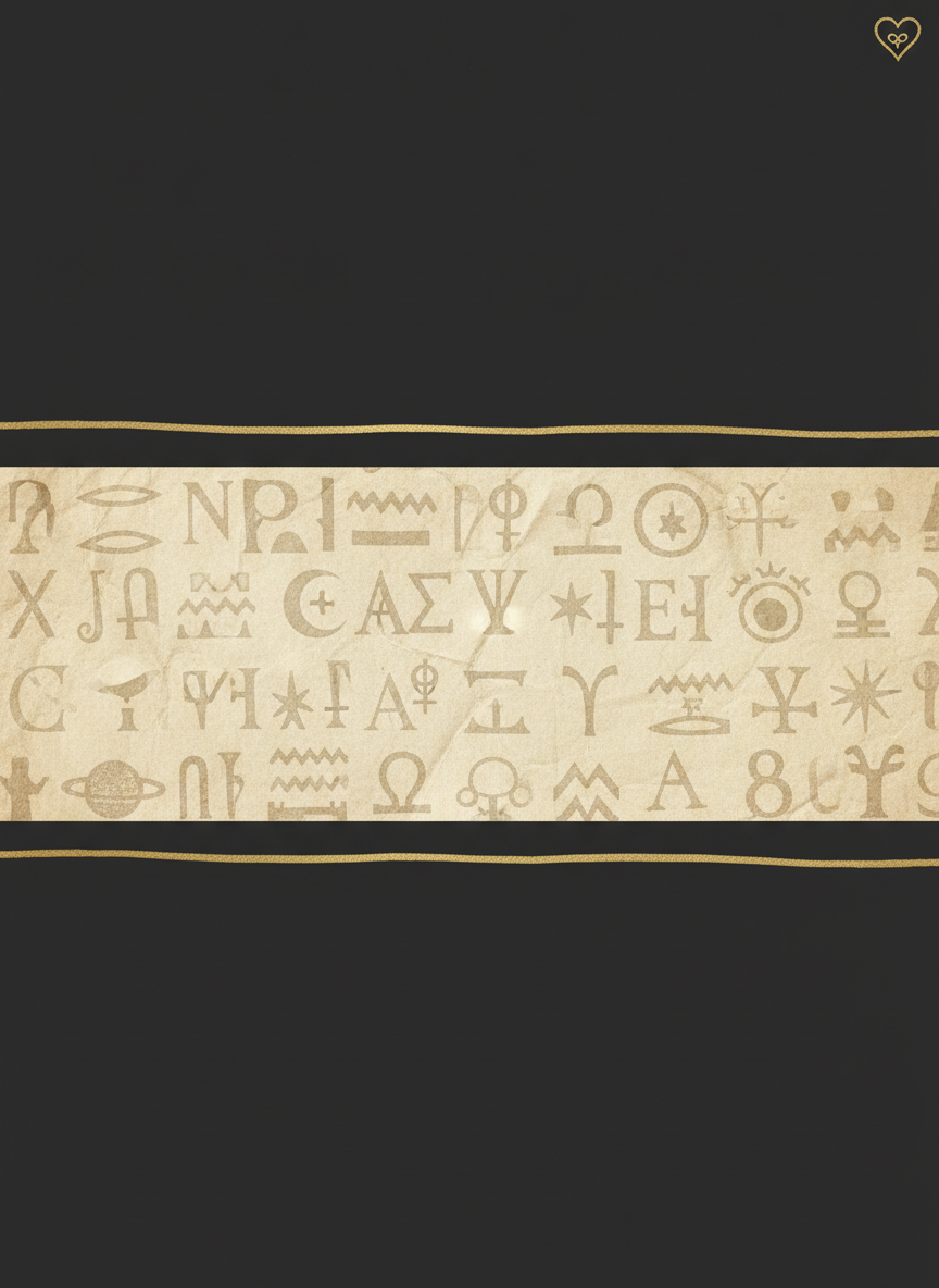 A refined content-section divider texture inspired by carved ivory and inked papyrus. A horizontal band stretches across a charcoal-black field, its center composed of a narrow strip of pale parchment densely watermarked with semi-transparent hieroglyphs, astronomical symbols, and early alphabets. Above and below this strip run razor-thin antique-gold lines, slightly irregular as if hand-drawn with metallic ink. The lighting is gently diffused from the front, emphasizing subtle grain in the parchment and a soft satin sheen on the gold. In the far upper-right corner of the overall frame, outside the band, a miniature Sankofa Heart symbol, delicately outlined in gold, hovers like a quiet signature. Shot from an eye-level, flat perspective, the composition is minimalist yet richly textured, giving a scholarly, organized rhythm to page sections.
