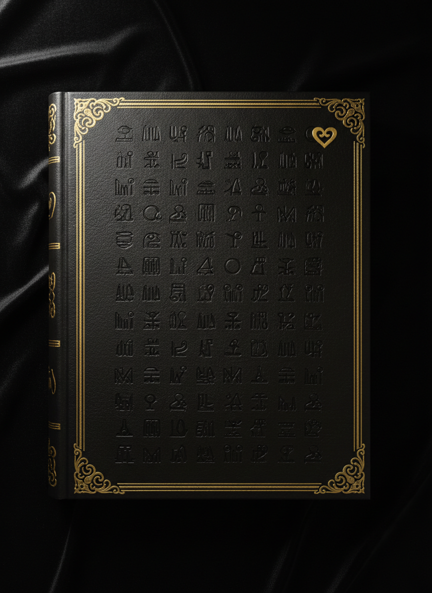 A textured hero section background resembling a gilded codex cover laid against deep black velvet. The main surface is a dark, leather-like panel, nearly black with a hint of umber, embossed with a repeating pattern of ultra-faint hieroglyphs and symbolic scripts that emerge only where the light grazes them. Around the edges, elaborate antique-gold corner brackets and linear borders echo classical bookbinding, with tiny ornamental flourishes hinting at different civilizations. Soft, directional spotlighting from the upper left creates delicate highlights on the gilded details and a velvety falloff into darkness. The Sankofa Heart sits discreetly in the upper-right, appearing as a small, polished gold inlay. Captured straight-on with sharp focus throughout, the mood is opulent, studious, and perfectly suited to a sophisticated educational homepage.