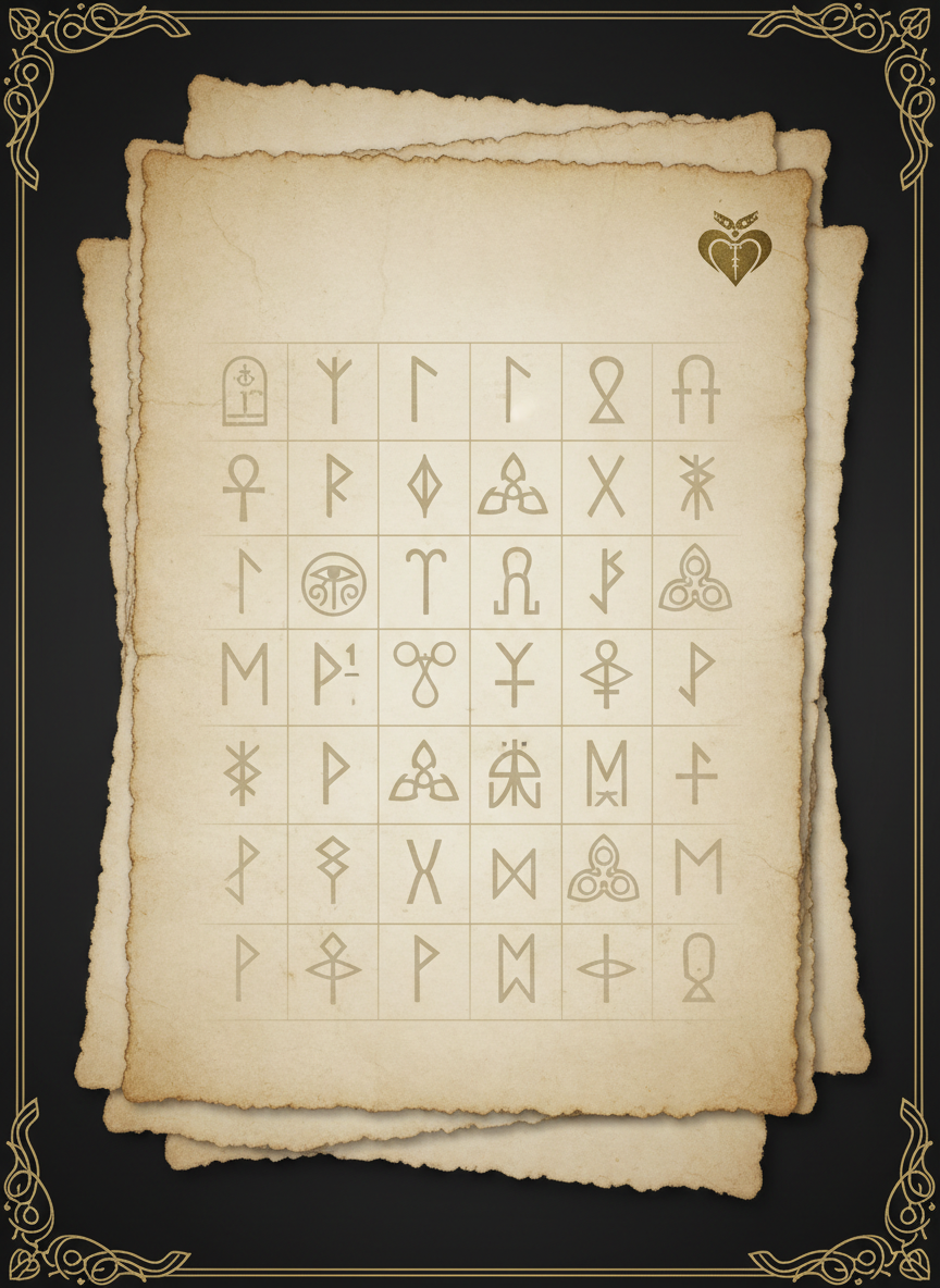 An elegant full-page background texture designed for a historical database, showing layered sheets of aged parchment overlapping on a sable-black base. Each parchment fragment bears barely-there watermarks of hieroglyphs, runes, and ancient symbols in translucent sepia, arranged in a subtle grid that suggests a searchable archive. The composition is flat and frontal, like a scanned surface, with delicate antique-gold filigree lines tracing the outer margins as if framing a manuscript. Soft, diffused studio lighting reveals paper fibers and faint creases without harsh shadows. In the upper-right corner, a small, dignified Sankofa Heart emblem in muted gold foil appears embossed into the top layer, reinforcing a refined, scholarly atmosphere.