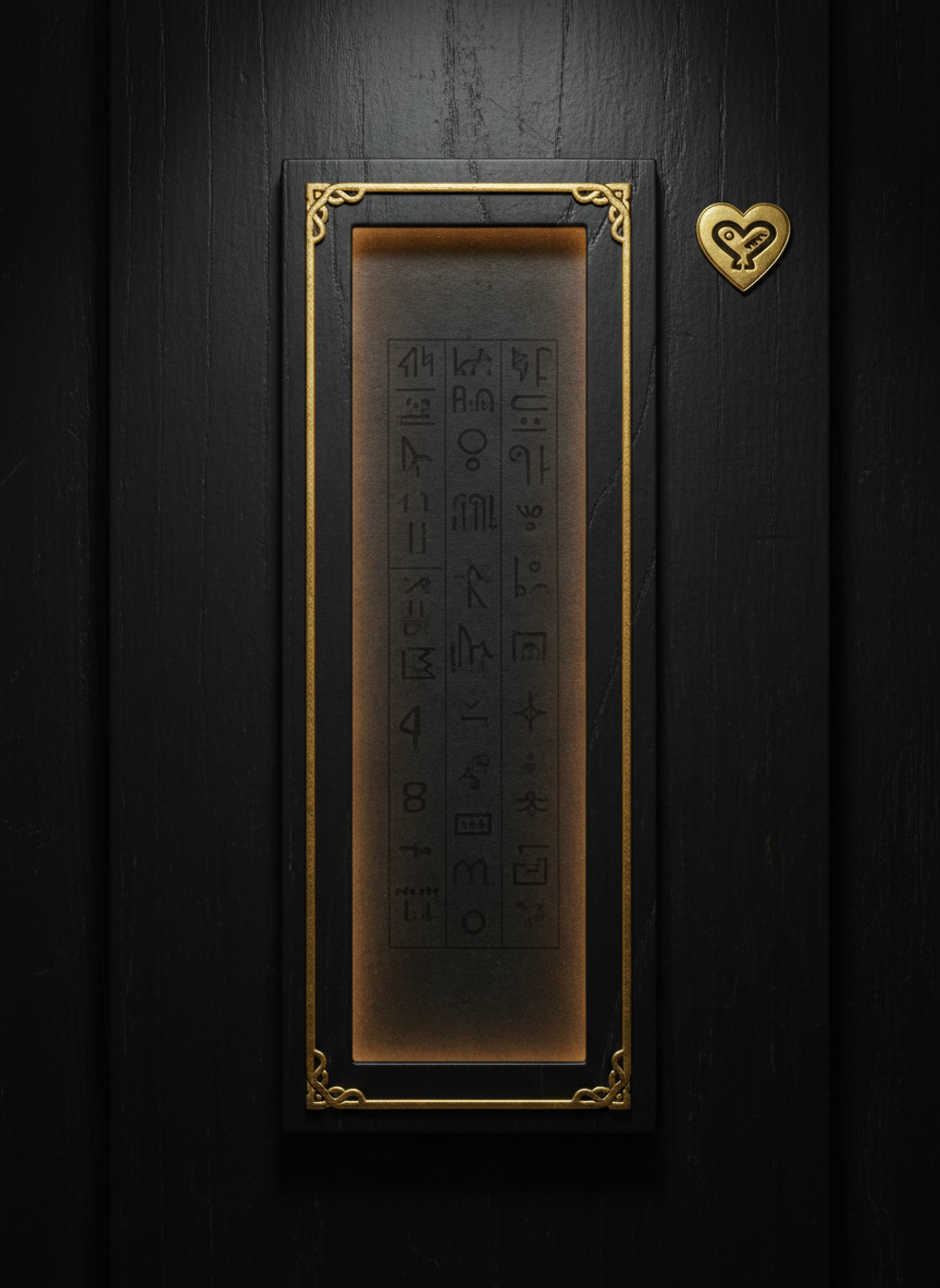 A high-detail sidebar card texture styled as a catalog drawer label from an ancient archive. The main subject is a narrow rectangular panel of deep ebony wood, its surface satin-smooth but carrying fine vertical grain. A thin antique-gold border frames the panel, with small ornamental corner knots reminiscent of classical motifs. In the center, a softly glowing field of nearly black parchment holds faint watermarked hieroglyphs and archaic numerals, arranged in subtle columns to suggest structured data. Overhead, diffused studio lighting reveals the interplay between wood grain, parchment fiber, and metallic edging. The camera is aligned straight-on with tight framing, highlighting texture. In the upper-right of the panel, a diminutive Sankofa Heart appears as a tiny gold enamel badge, signaling wisdom and retrieval, reinforcing a meticulous, scholarly ambience.